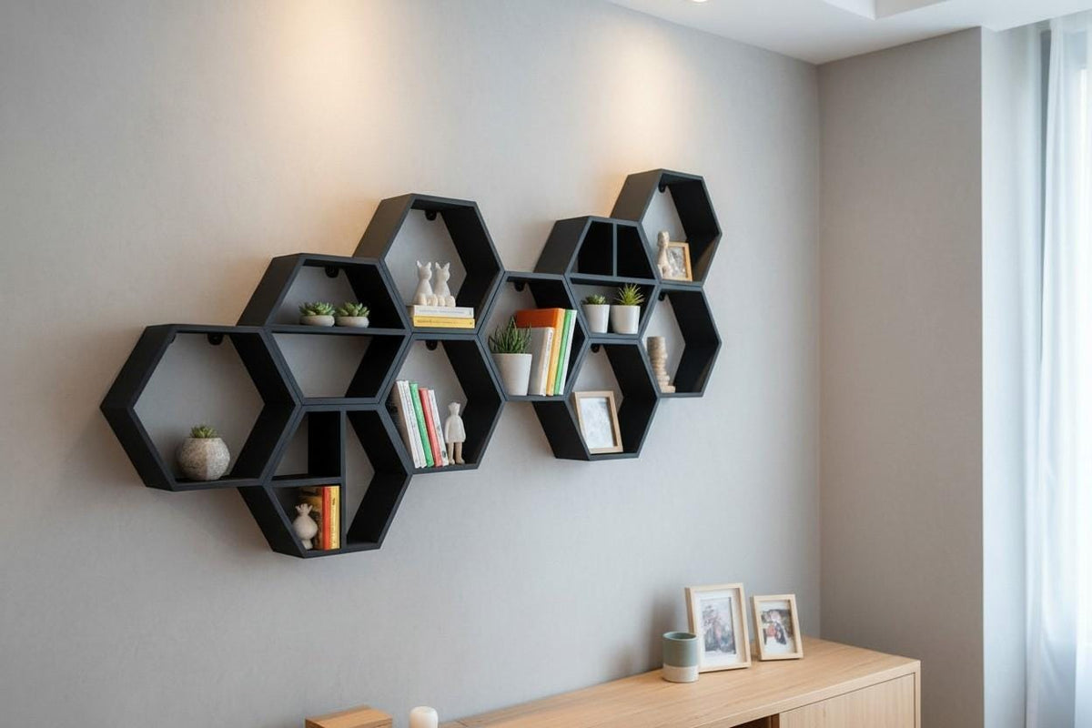 Modular Hexagon Wall Shelves — view 7, 3D printed, HappyLayerMint Malta