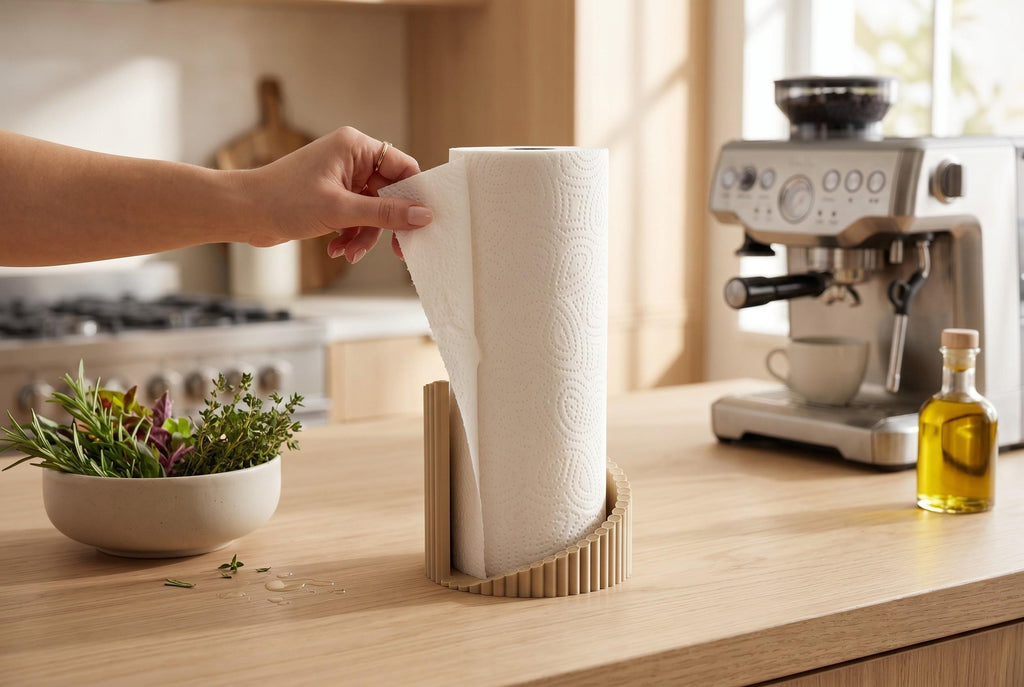 Sculpted ribbed 3D-printed paper towel holder in oak PLA+ on a kitchen counter, HappyLayerMint Malta