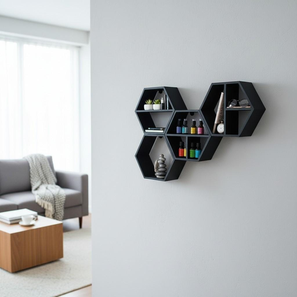 Modular Hexagon Wall Shelves — view 4, 3D printed, HappyLayerMint Malta