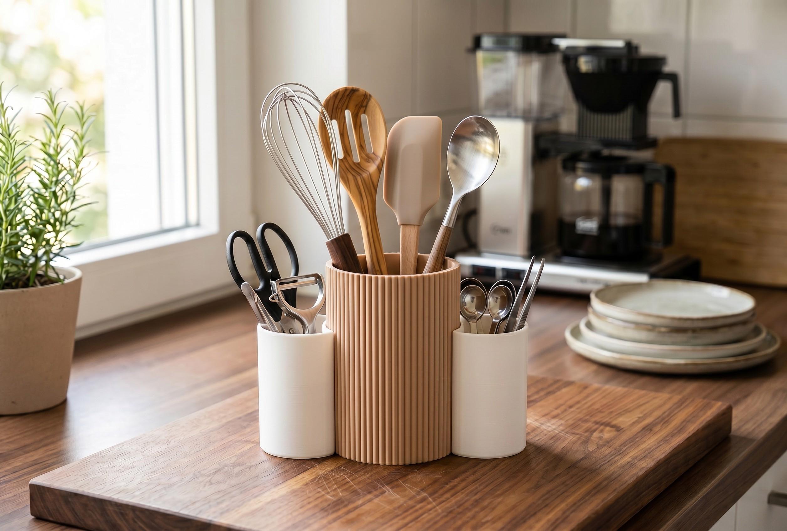 3-Cup Kitchen Utensil Caddy — view 3, 3D printed, HappyLayerMint Malta