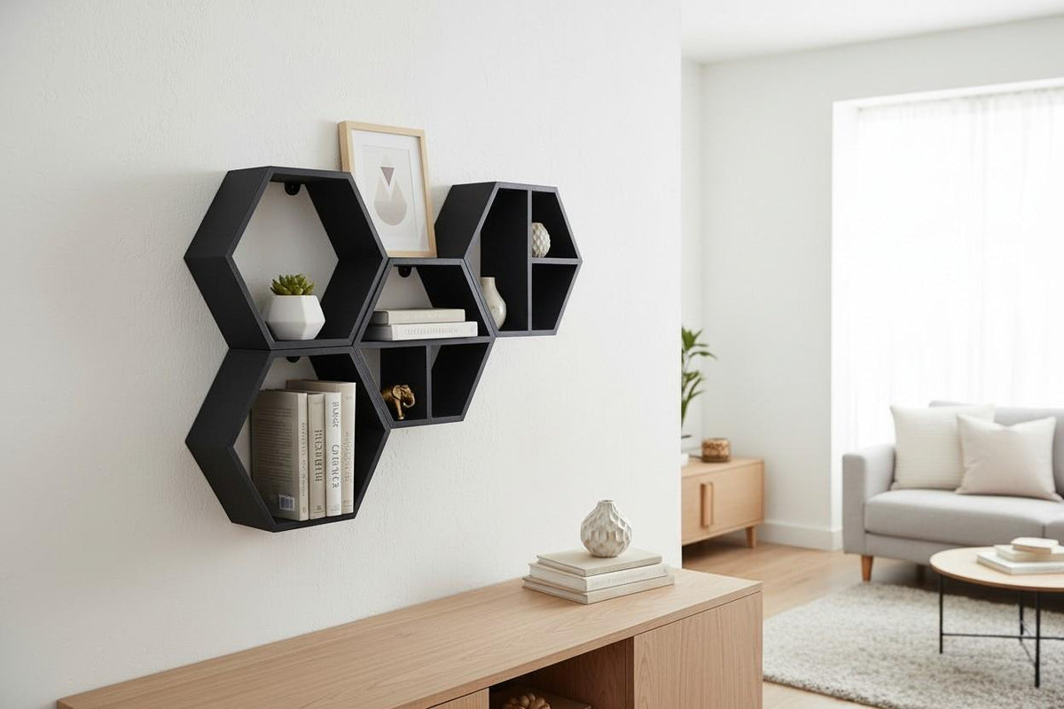 Modular Hexagon Wall Shelves — view 2, 3D printed, HappyLayerMint Malta