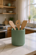 Ribbed pistachio green 3D-printed utensil holder crock holding kitchen tools on a countertop, HappyLayerMint Malta