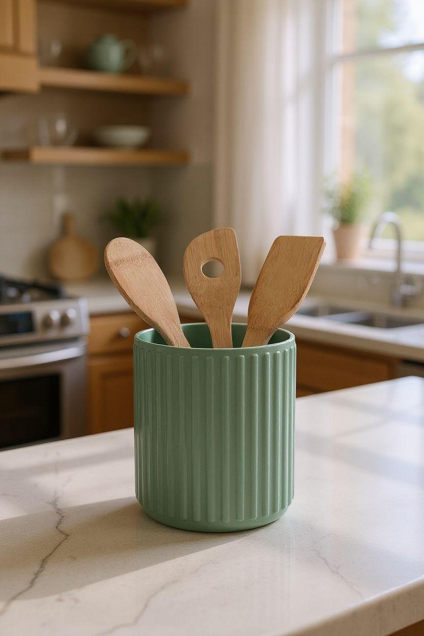Ribbed pistachio green 3D-printed utensil holder crock holding kitchen tools on a countertop, HappyLayerMint Malta