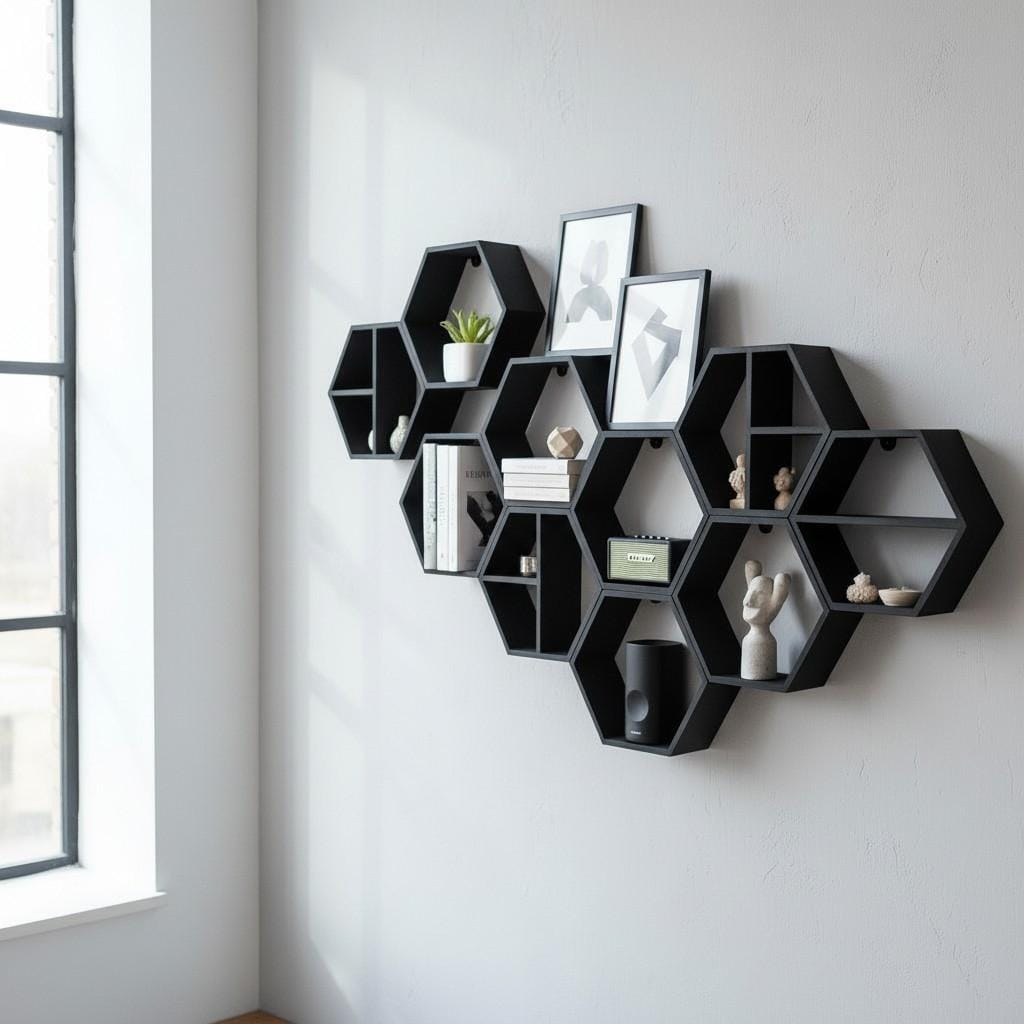 Modular Hexagon Wall Shelves — view 5, 3D printed, HappyLayerMint Malta