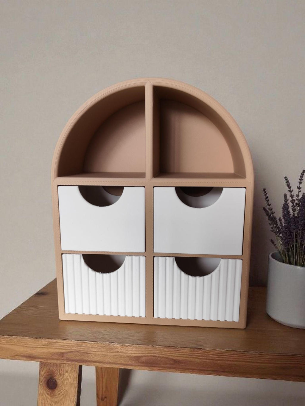 Minimalist arched 4-drawer 3D-printed jewellery organiser in peanut brown and off white, HappyLayerMint Malta