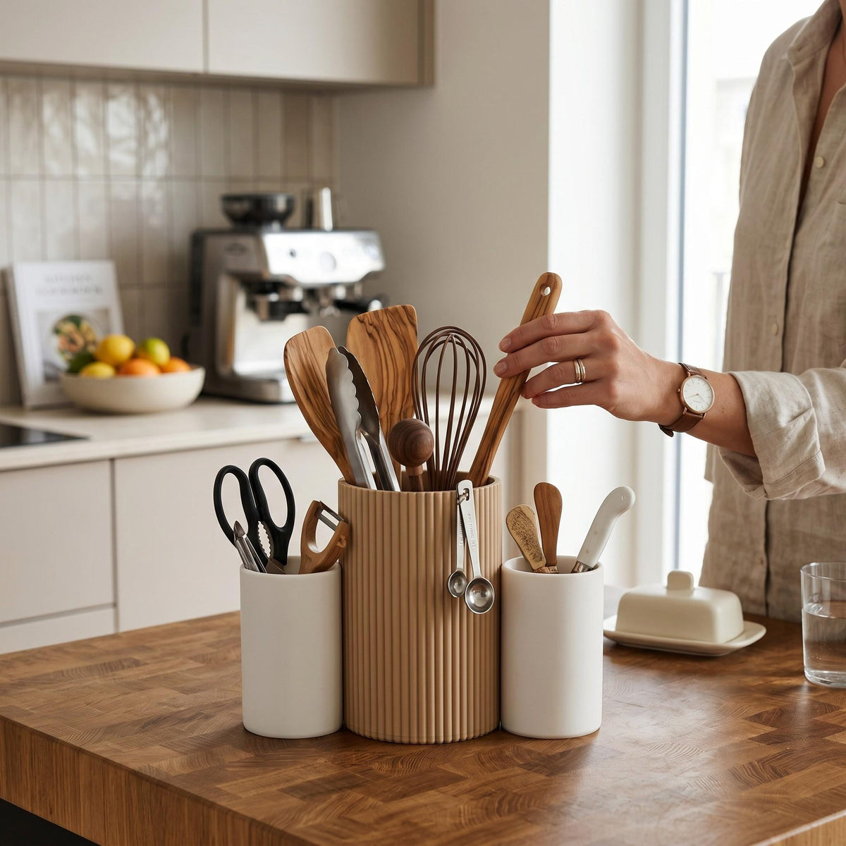 Three-cup 3D-printed kitchen utensil caddy in oak and white PLA+ on a countertop, HappyLayerMint Malta