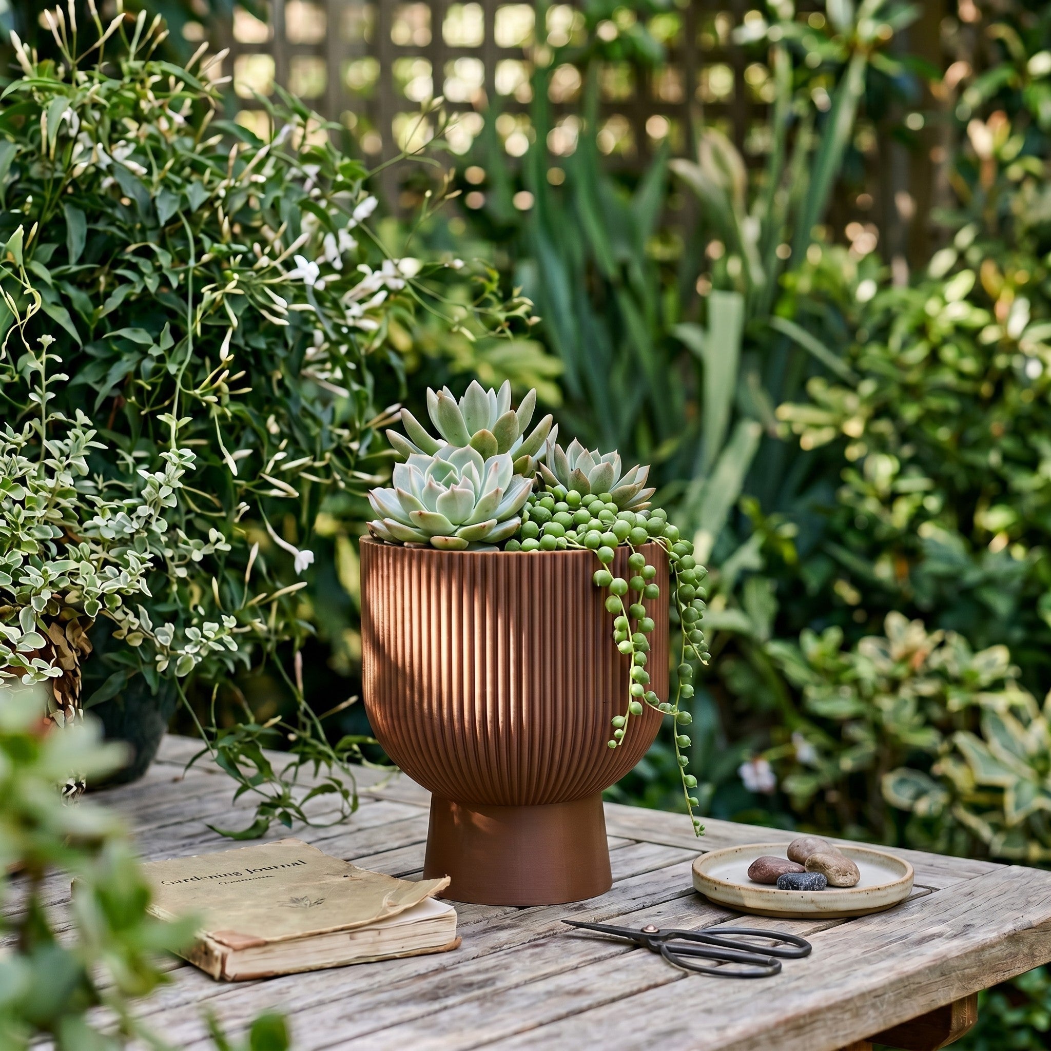 Sereno Ribbed Pedestal Planter, Modern Indoor Plant Pot with Drainage, Minimalist Home Decor