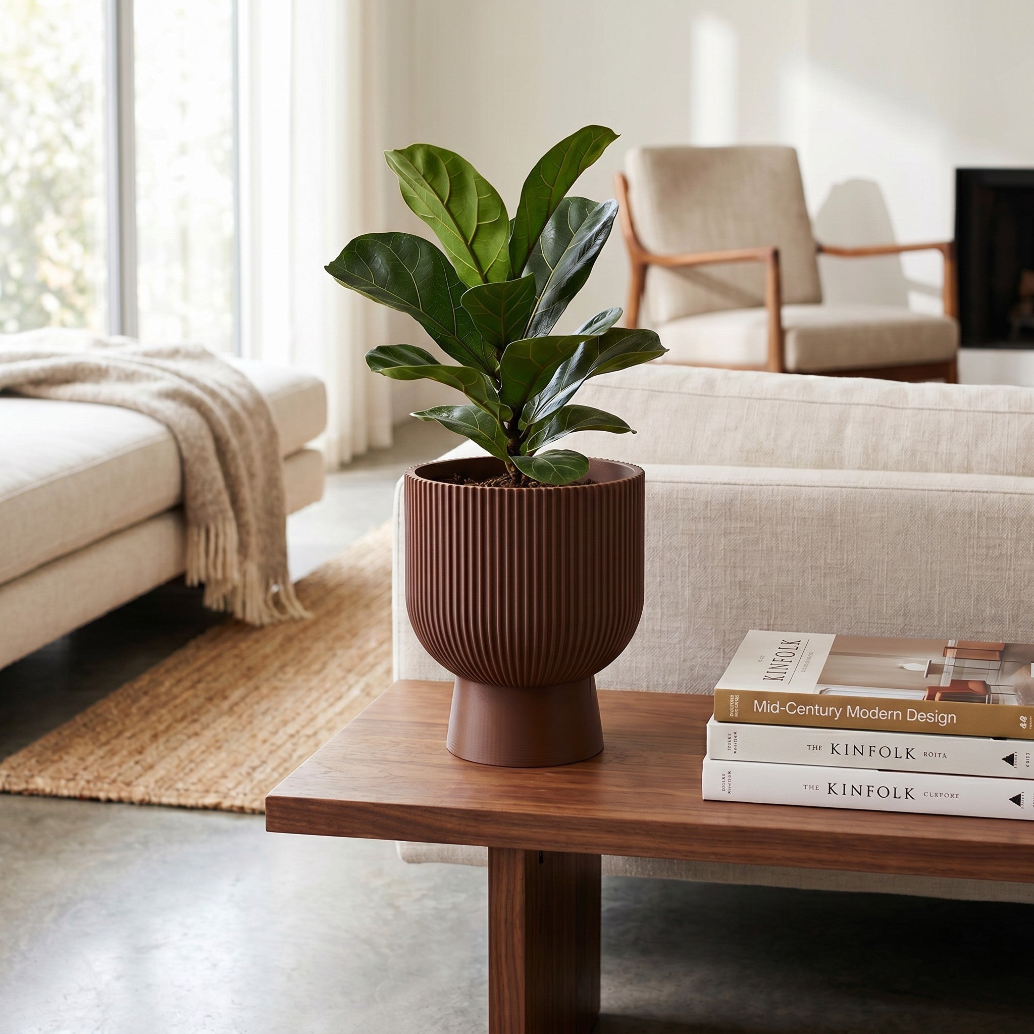 Sereno Ribbed Pedestal Planter, Modern Indoor Plant Pot with Drainage, Minimalist Home Decor