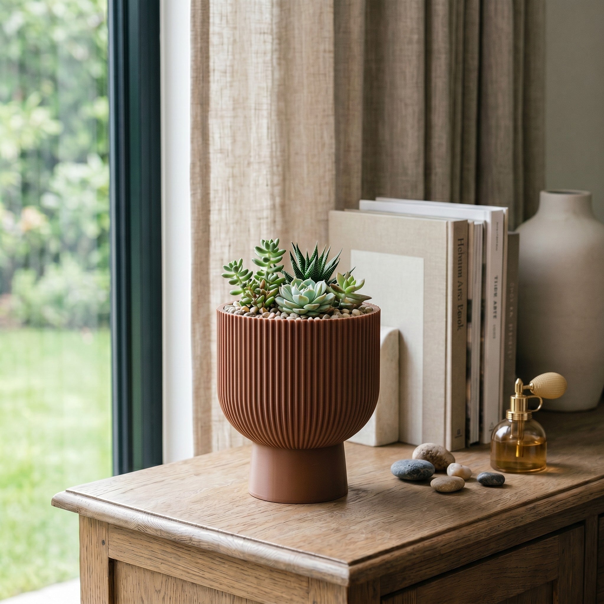 Sereno Ribbed Pedestal Planter, Modern Indoor Plant Pot with Drainage, Minimalist Home Decor