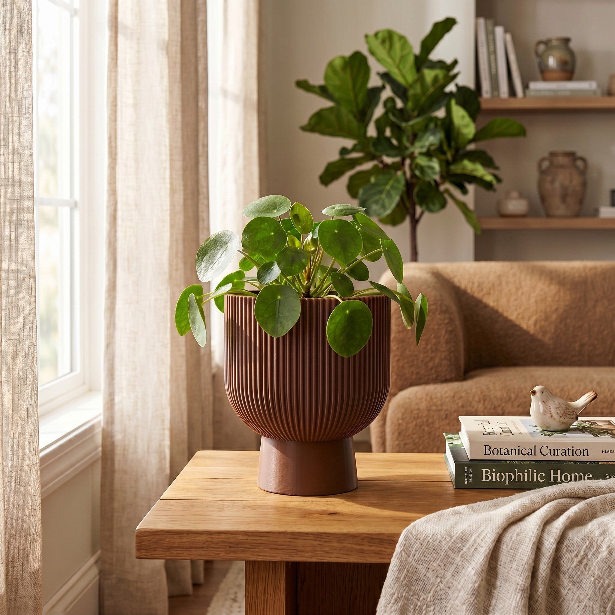 Sereno Ribbed Pedestal Planter, Modern Indoor Plant Pot with Drainage, Minimalist Home Decor