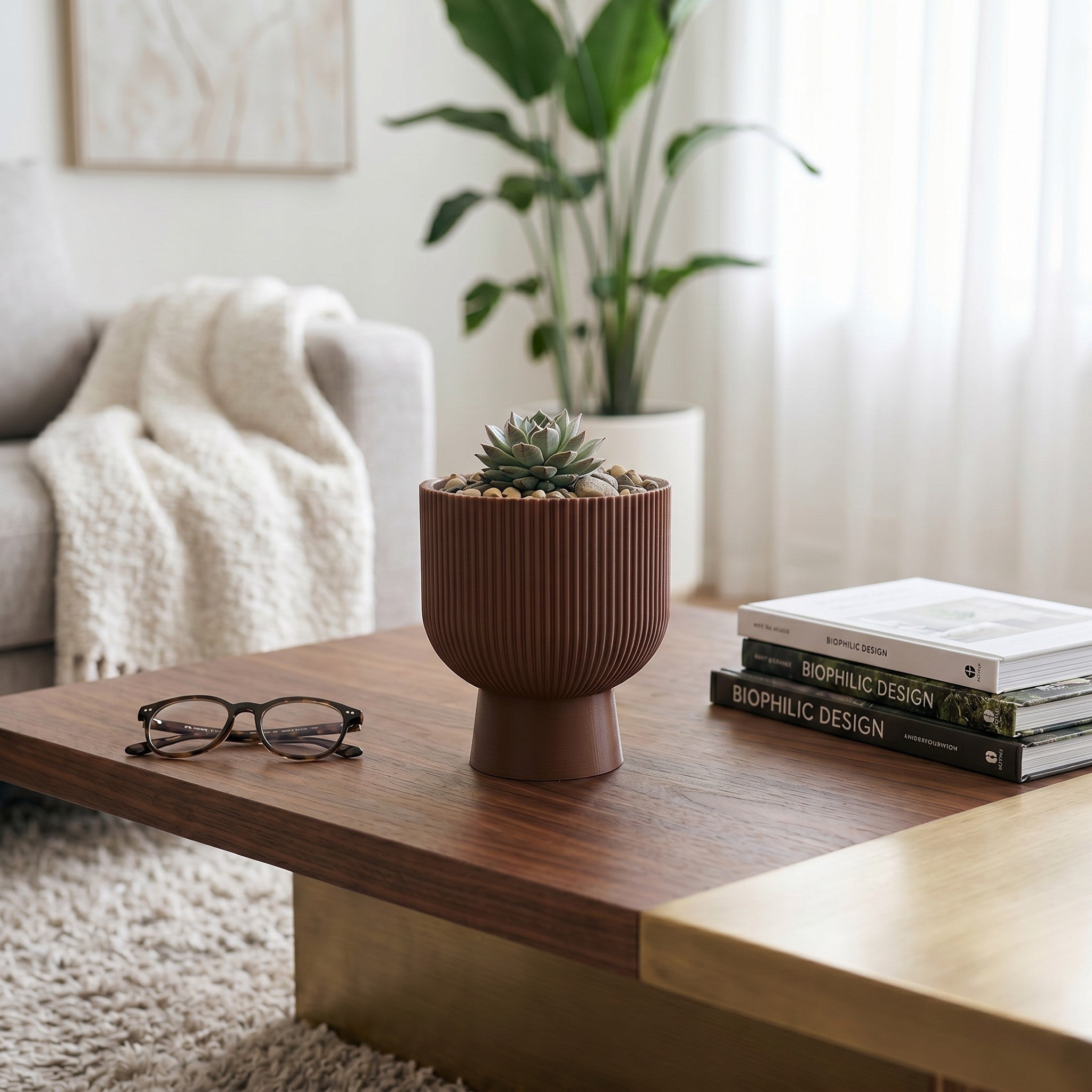 Sereno Ribbed Pedestal Planter, Modern Indoor Plant Pot with Drainage, Minimalist Home Decor