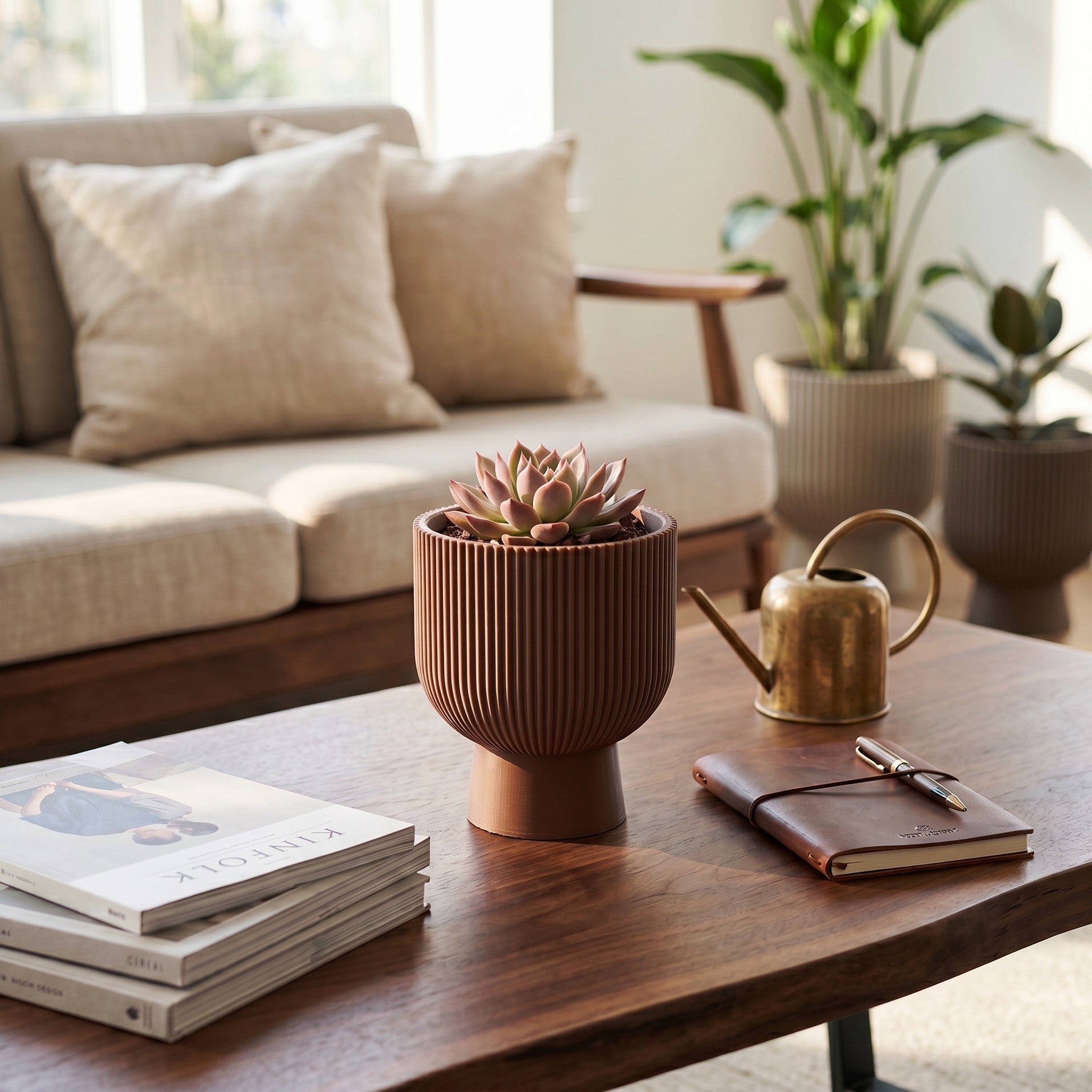 Sereno Ribbed Pedestal Planter, Modern Indoor Plant Pot with Drainage, Minimalist Home Decor