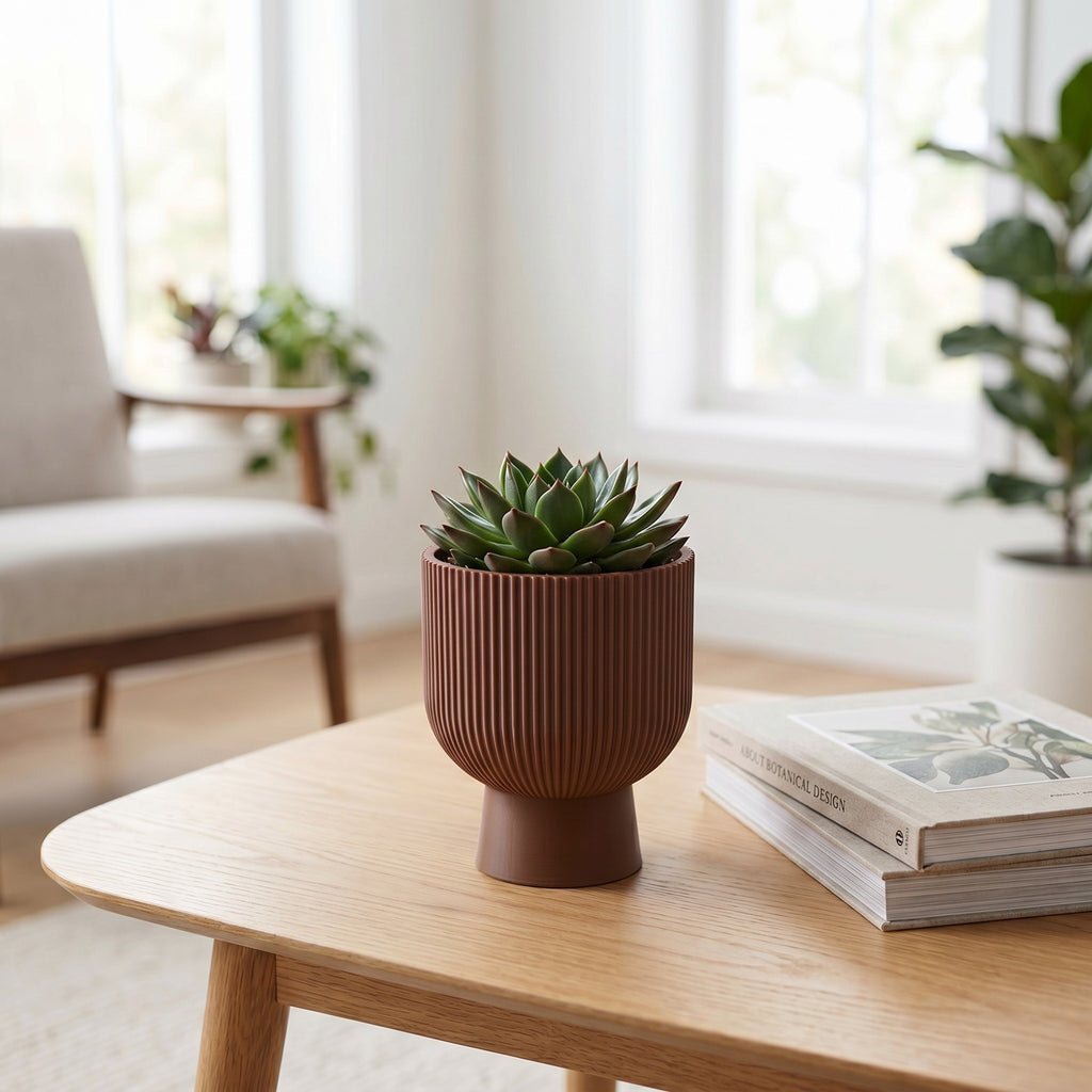 Sereno Ribbed Pedestal Planter, Modern Indoor Plant Pot with Drainage, Minimalist Home Decor