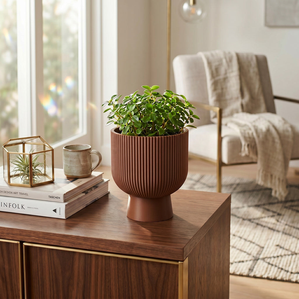 Sereno Ribbed Pedestal Planter, Modern Indoor Plant Pot with Drainage, Minimalist Home Decor