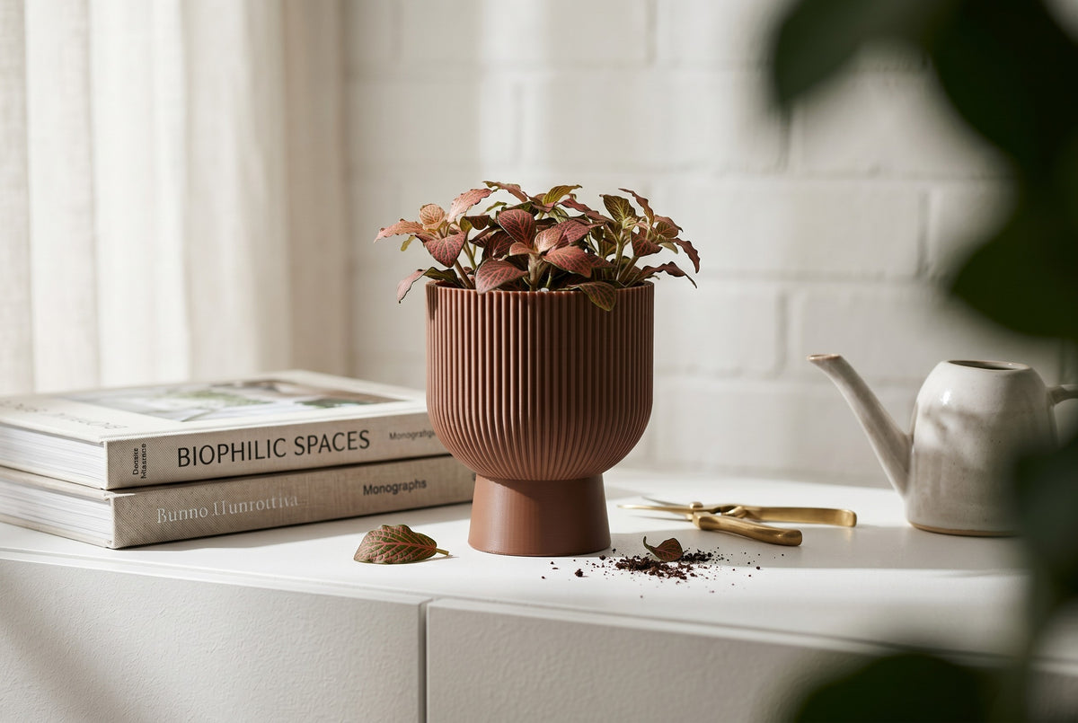Sereno Ribbed Pedestal Planter, Modern Indoor Plant Pot with Drainage, Minimalist Home Decor
