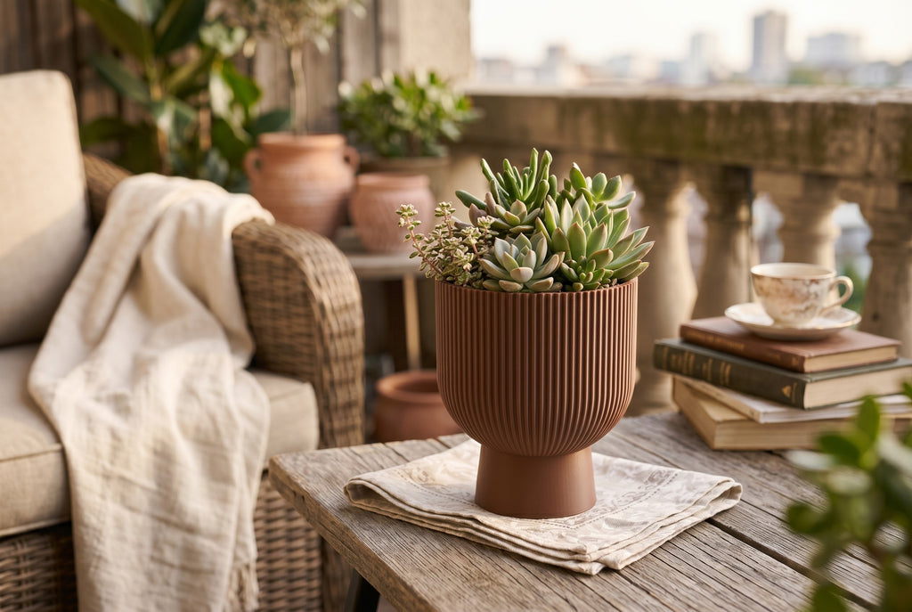Sereno Ribbed Pedestal Planter, Modern Indoor Plant Pot with Drainage, Minimalist Home Decor