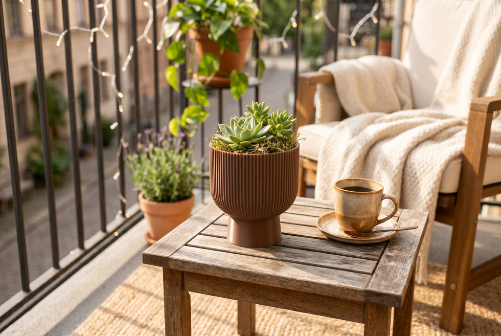 Sereno Ribbed Pedestal Planter, Modern Indoor Plant Pot with Drainage, Minimalist Home Decor