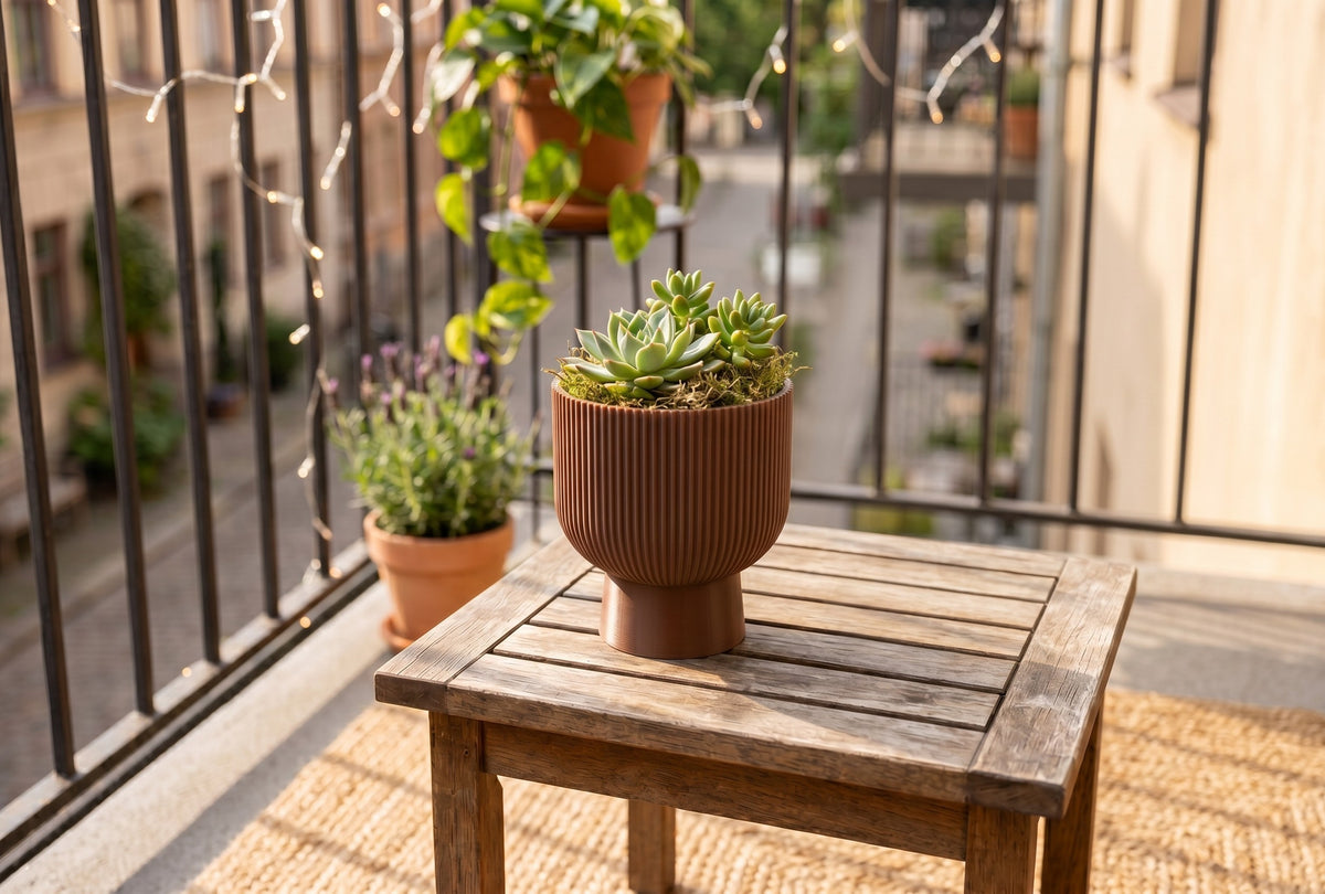 Sereno Ribbed Pedestal Planter, Modern Indoor Plant Pot with Drainage, Minimalist Home Decor