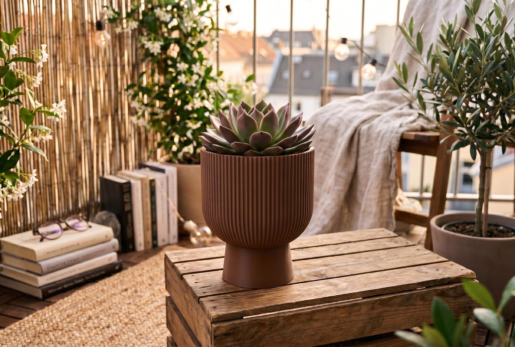 Sereno Ribbed Pedestal Planter, Modern Indoor Plant Pot with Drainage, Minimalist Home Decor