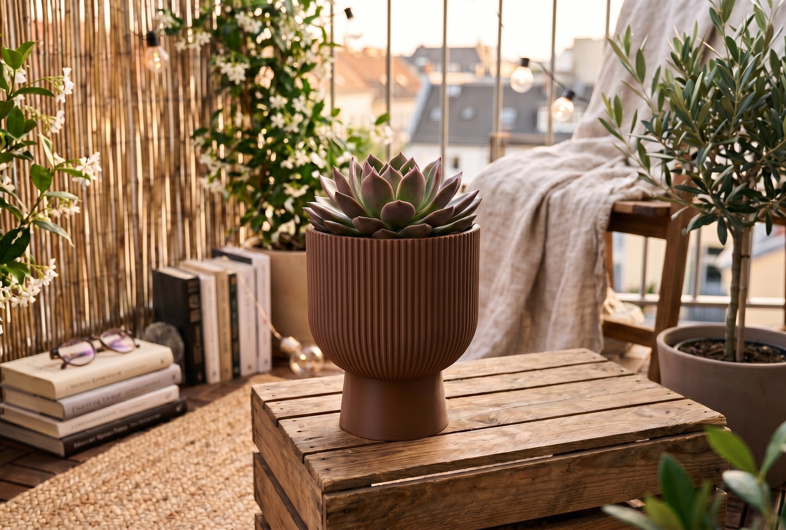 Sereno Ribbed Pedestal Planter, Modern Indoor Plant Pot with Drainage, Minimalist Home Decor