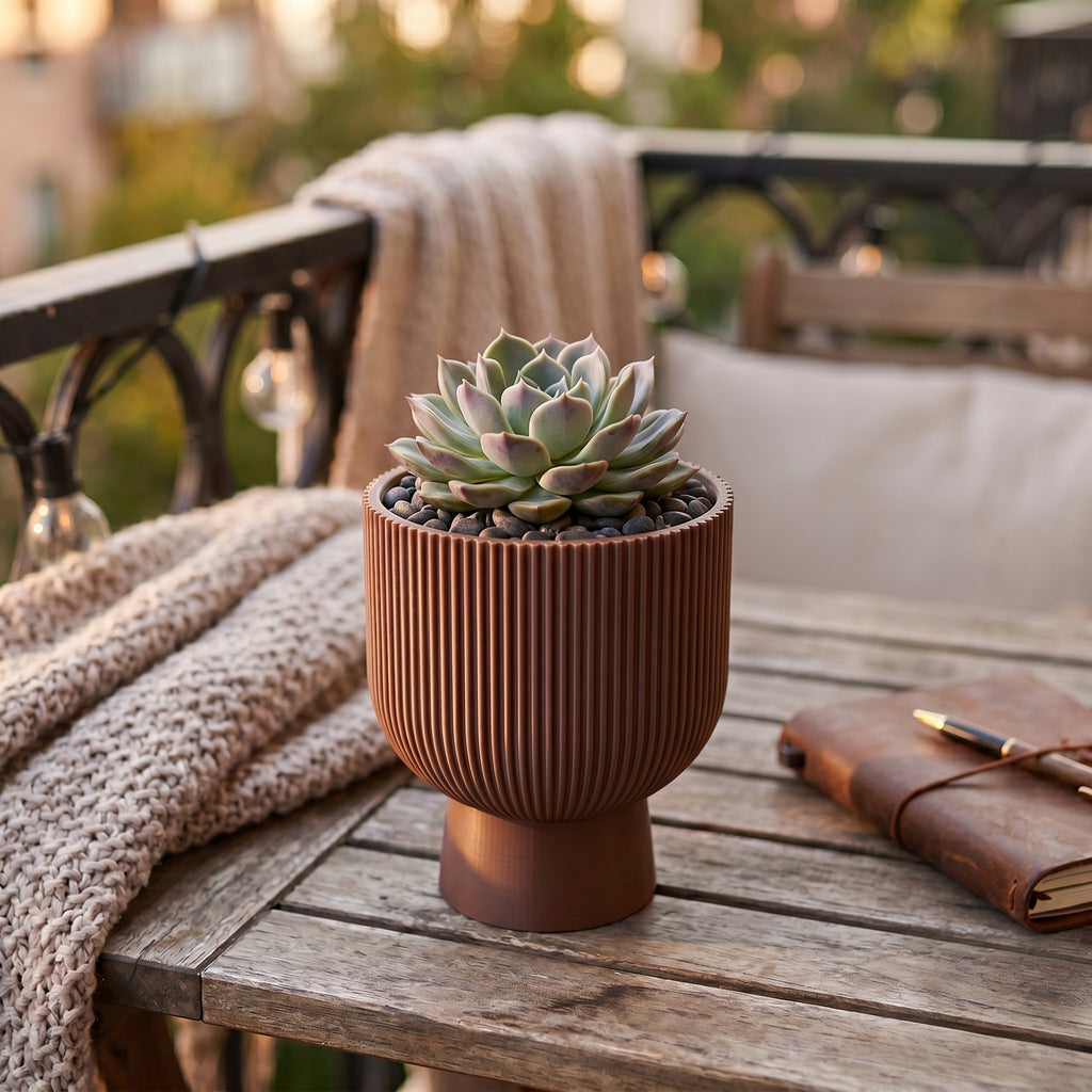 Sereno Ribbed Pedestal Planter, Modern Indoor Plant Pot with Drainage, Minimalist Home Decor