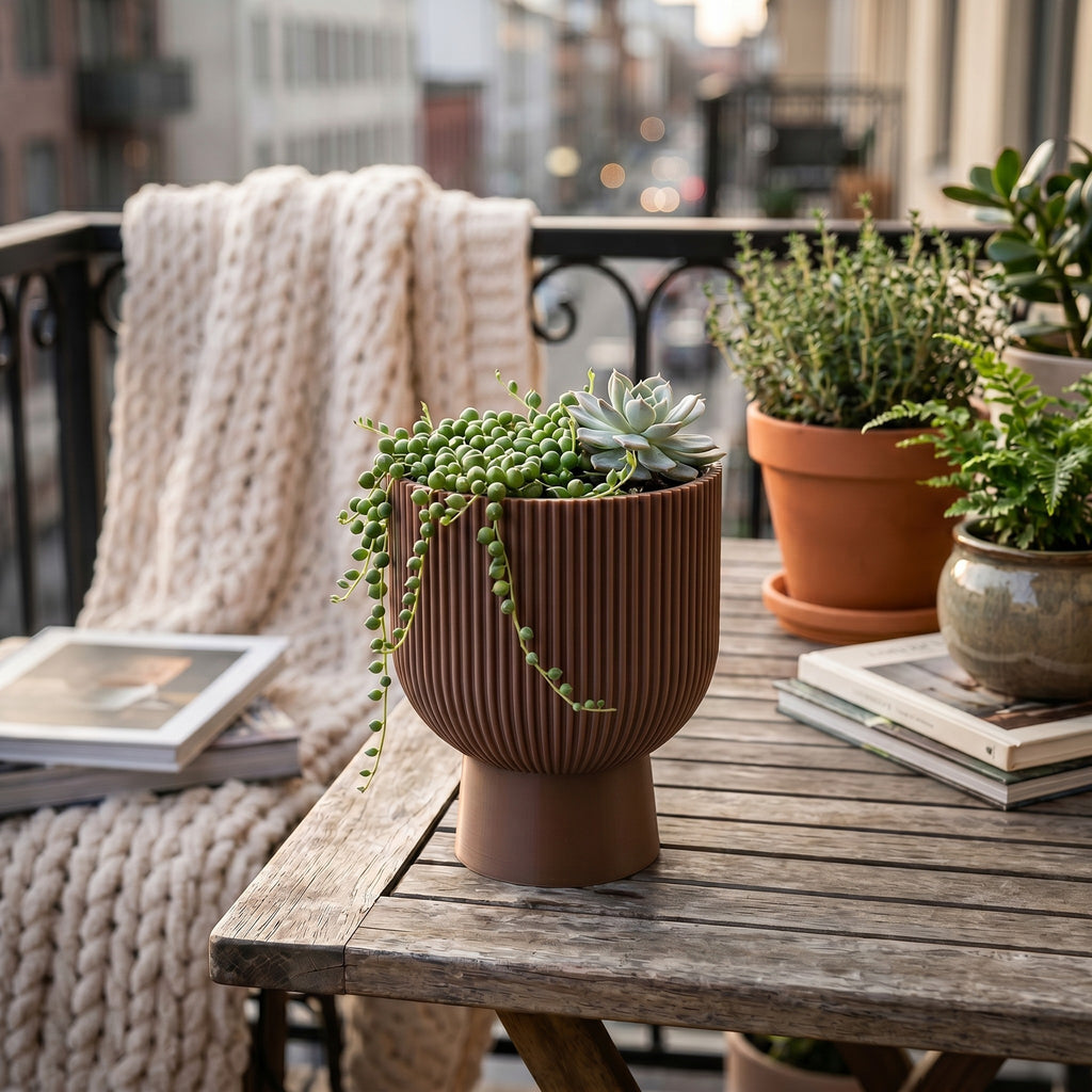 Sereno Ribbed Pedestal Planter, Modern Indoor Plant Pot with Drainage, Minimalist Home Decor