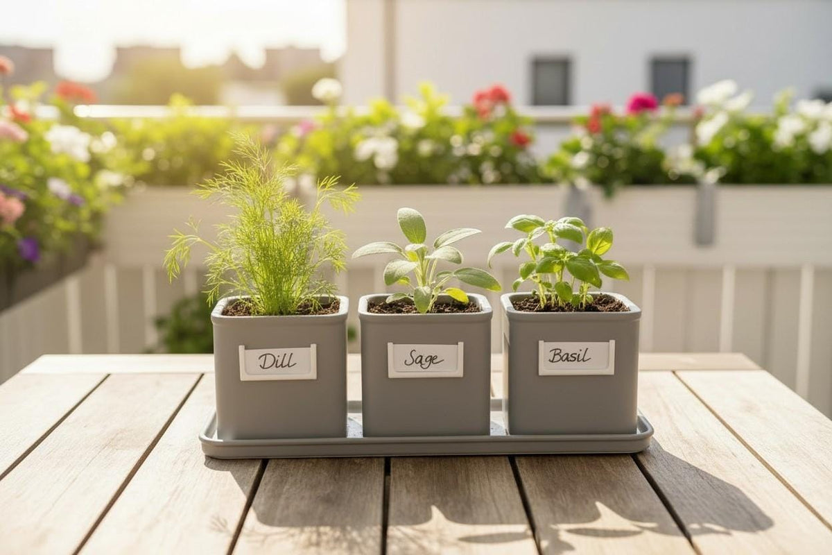 Three-pot 3D-printed herb planter set with saucer in black and white PETG, kitchen windowsill, HappyLayerMint Malta