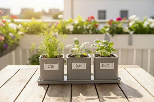 Three-pot 3D-printed herb planter set with saucer in black and white PETG, kitchen windowsill, HappyLayerMint Malta