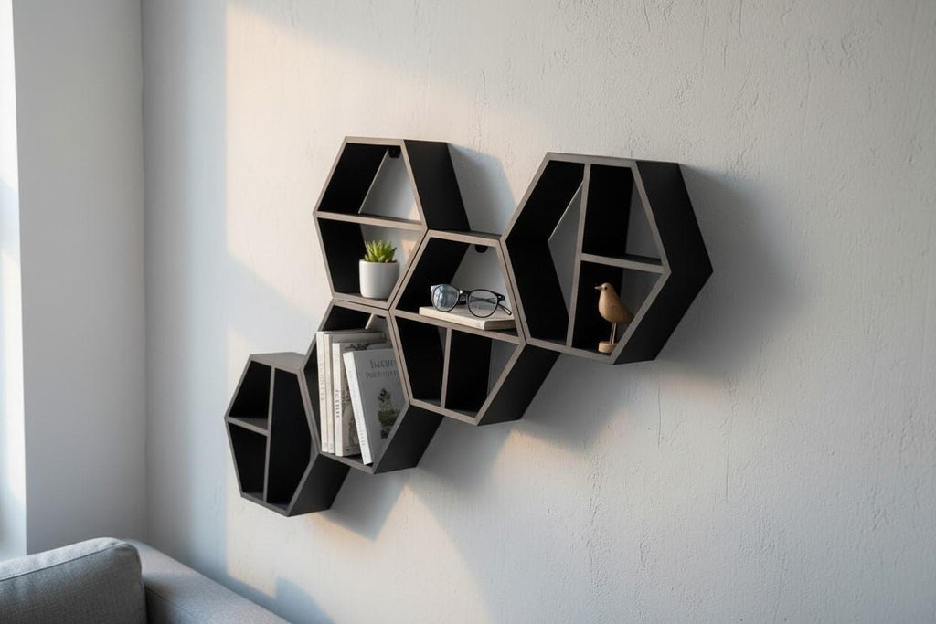 Modular Hexagon Wall Shelves — view 8, 3D printed, HappyLayerMint Malta