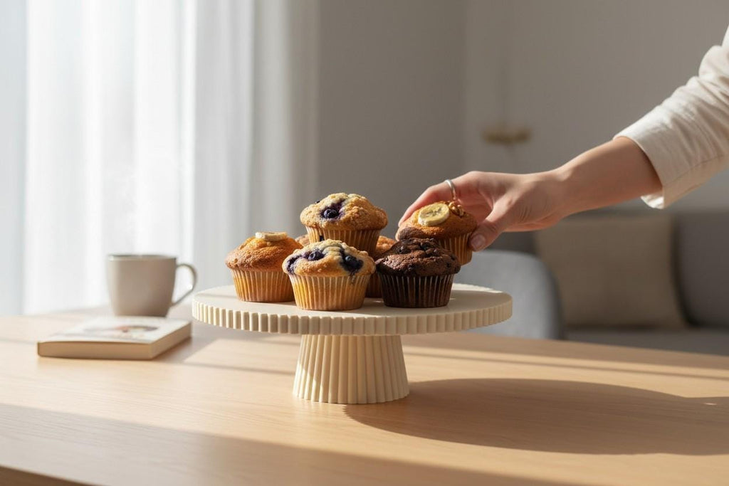 Modern ribbed 3D-printed cake stand in bone white holding cupcakes, HappyLayerMint Malta