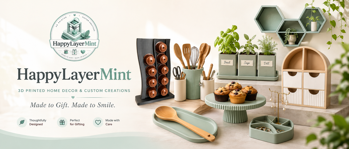 A styled product display for HappyLayerMint home decor and custom creations, featuring a black coffee pod holder, wooden utensils, mint green planters, a small wooden cabinet, a tray of cupcakes, and a wooden spoon on a matching tray, arranged on a light beige surface with a soft cream background.
