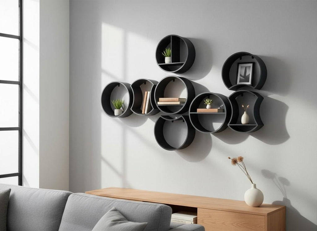 Modular round 3D-printed wall shelf in sage green showing display items, HappyLayerMint Malta