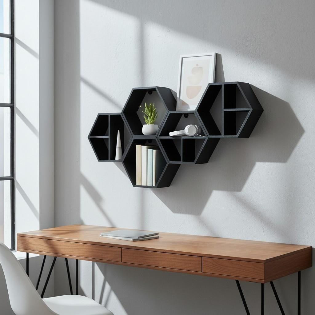 Modular Hexagon Wall Shelves — view 3, 3D printed, HappyLayerMint Malta