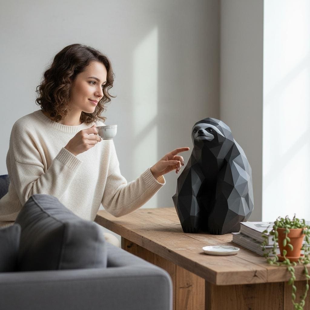 Sitting Low Poly Sloth Sculpture – Modern Animal Decor