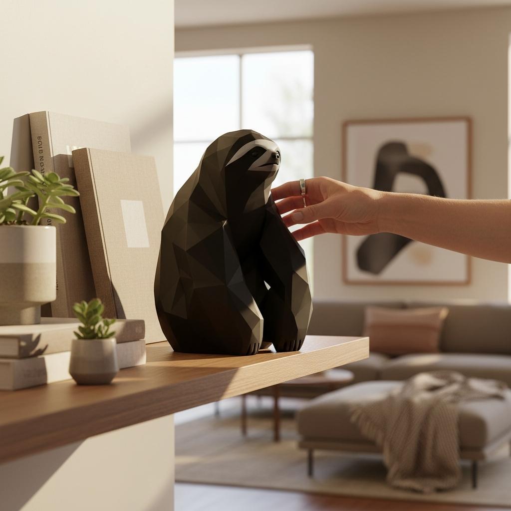 Sitting Low Poly Sloth Sculpture – Modern Animal Decor