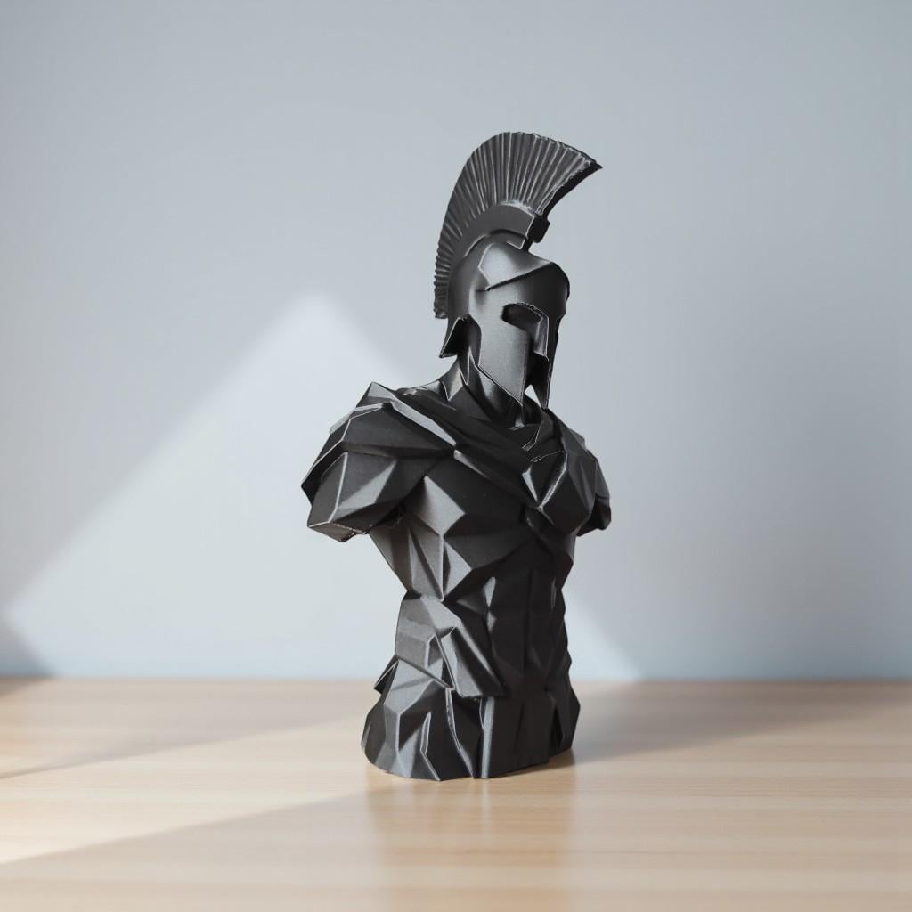 Low Poly Spartan Warrior Bust – Geometric Greek Helmet Statue, Masculine Office Decor