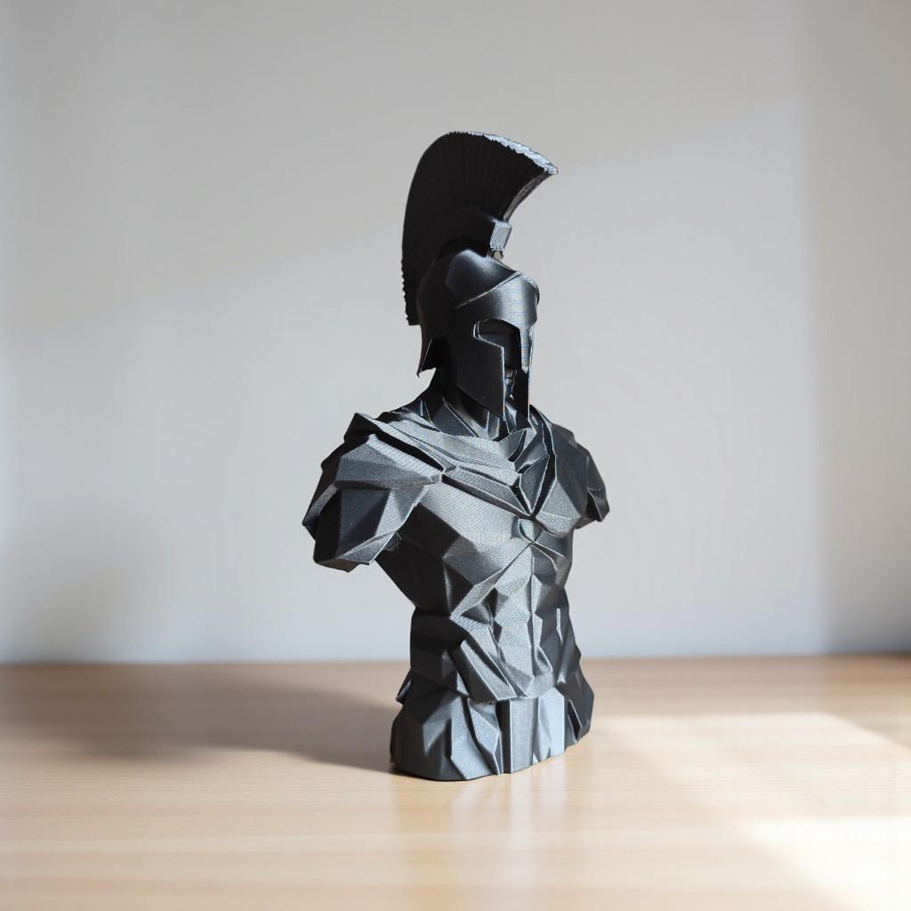 Low Poly Spartan Warrior Bust – Geometric Greek Helmet Statue, Masculine Office Decor