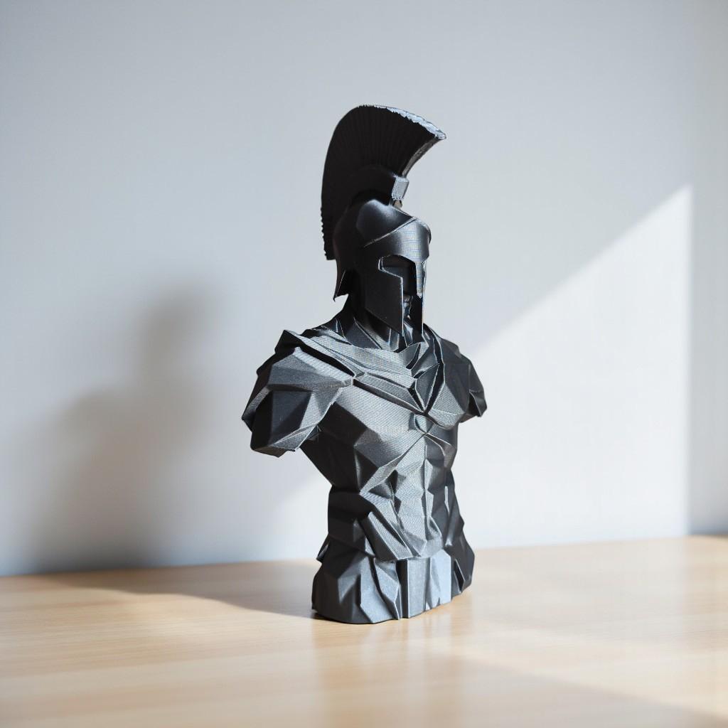 Low Poly Spartan Warrior Bust – Geometric Greek Helmet Statue, Masculine Office Decor