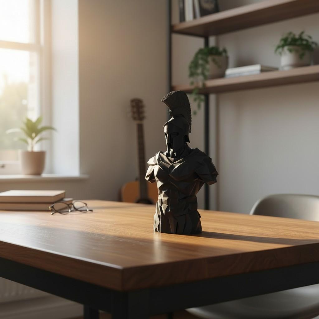 Low Poly Spartan Warrior Bust – Geometric Greek Helmet Statue, Masculine Office Decor