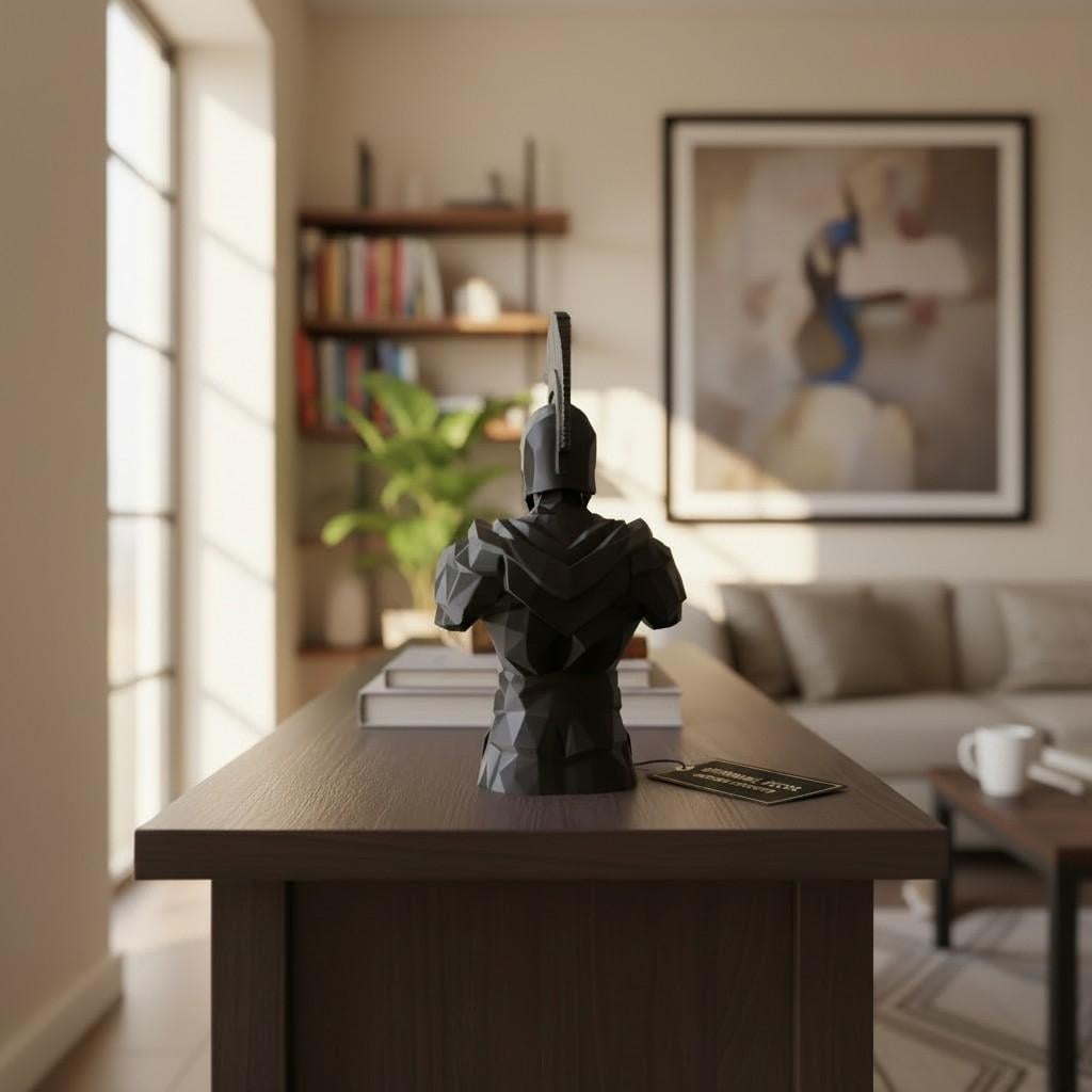 Low Poly Spartan Warrior Bust – Geometric Greek Helmet Statue, Masculine Office Decor