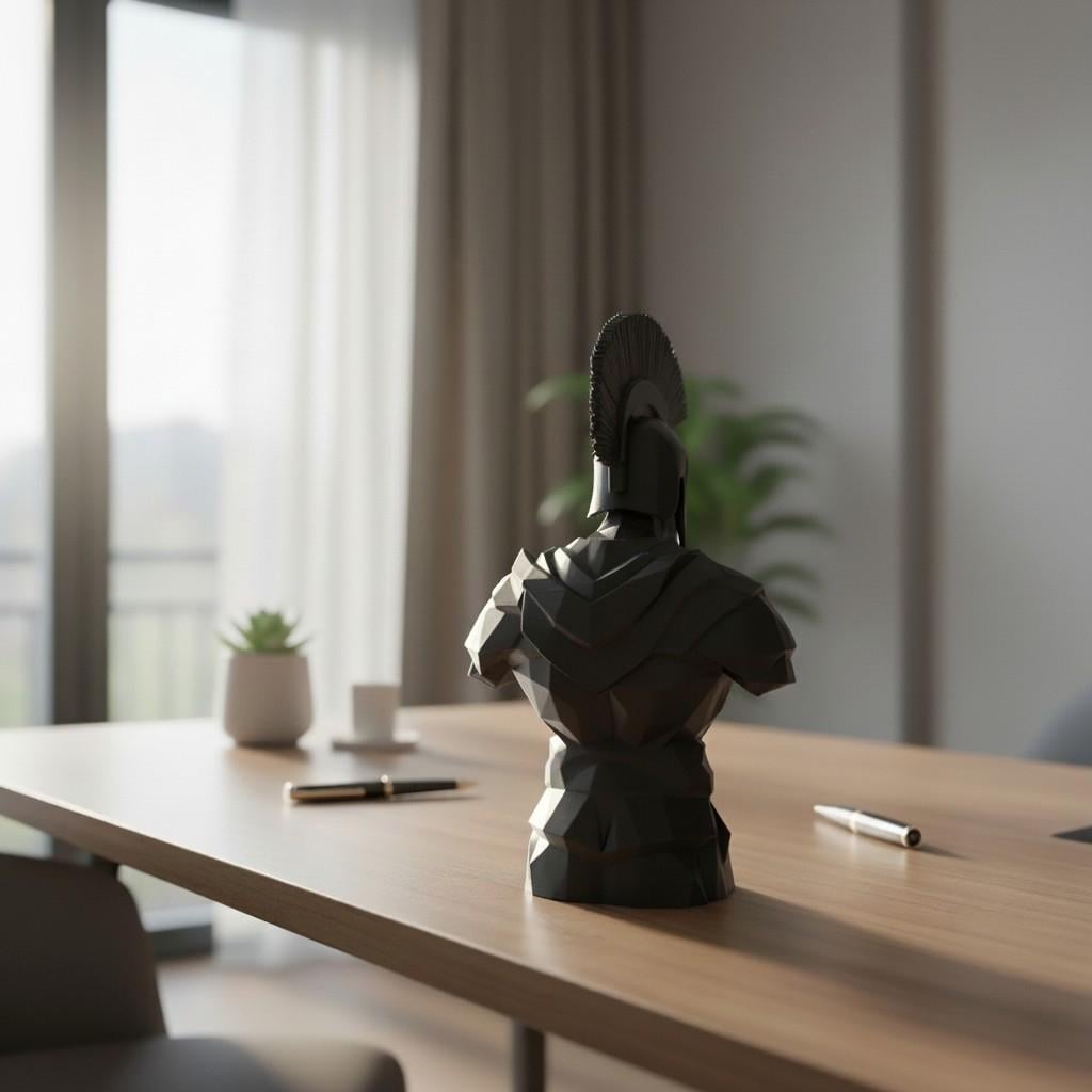 Low Poly Spartan Warrior Bust – Geometric Greek Helmet Statue, Masculine Office Decor