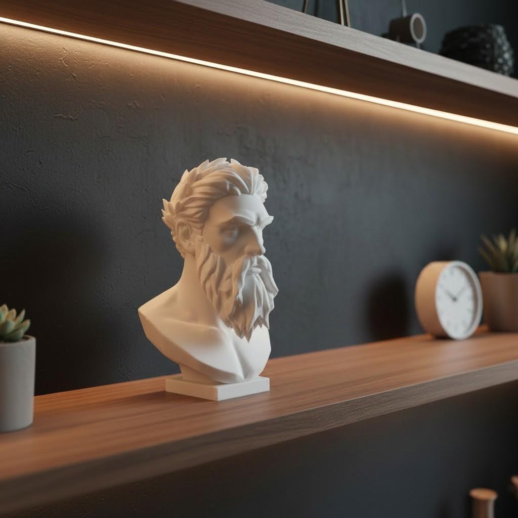 Modern Zeus Bust Statue – Greek God Sculpture, Classical Mythology Decor, Office Shelf Art, Gift for Him