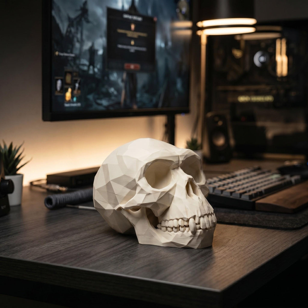 Low Poly Monkey Skull Headphone Stand – Geometric Sculpture, Gamer Desk Decor, PLA+ Plastic