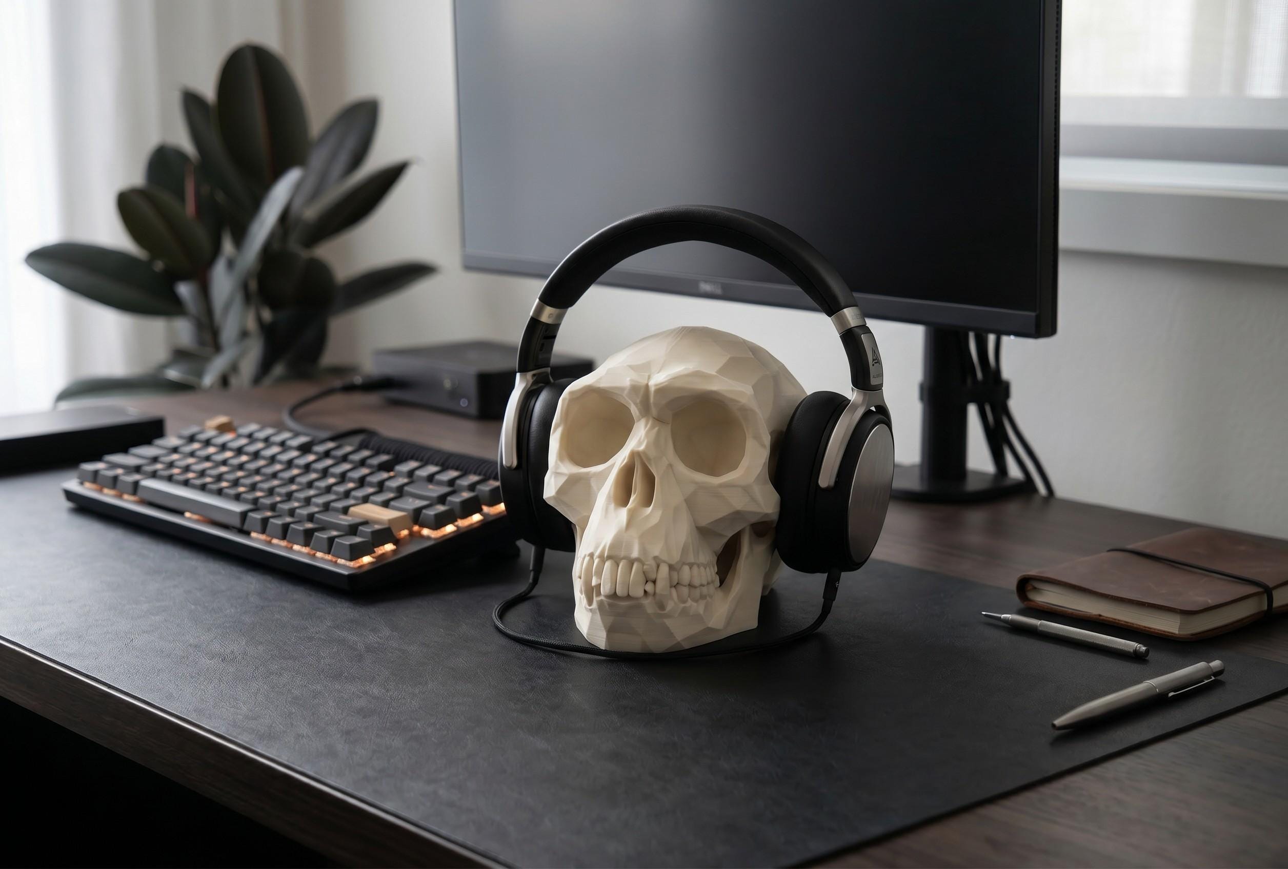 Low Poly Monkey Skull Headphone Stand – Geometric Sculpture, Gamer Desk Decor, PLA+ Plastic
