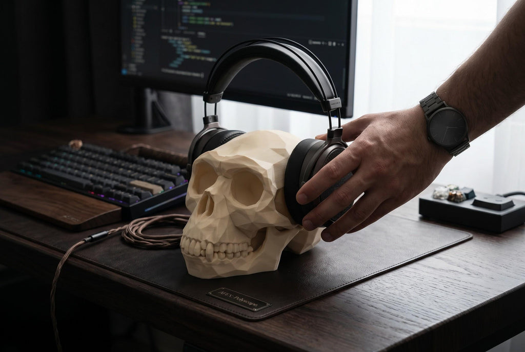 Low Poly Monkey Skull Headphone Stand – Geometric Sculpture, Gamer Desk Decor, PLA+ Plastic