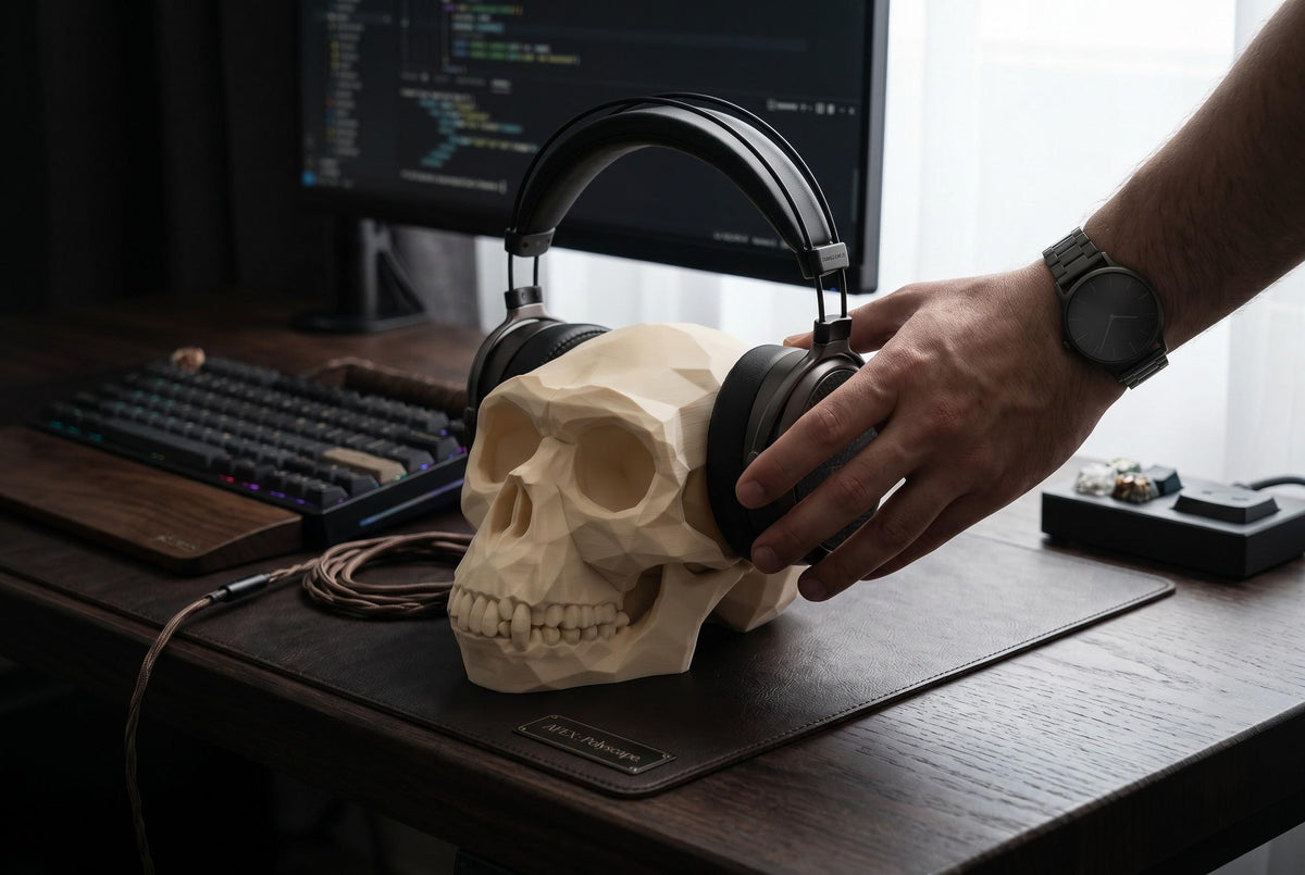 Low Poly Monkey Skull Headphone Stand – Geometric Sculpture, Gamer Desk Decor, PLA+ Plastic
