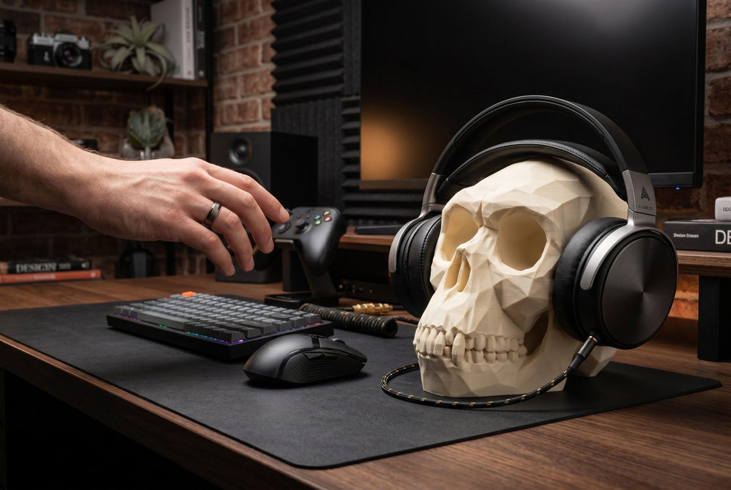 Low Poly Monkey Skull Headphone Stand – Geometric Sculpture, Gamer Desk Decor, PLA+ Plastic