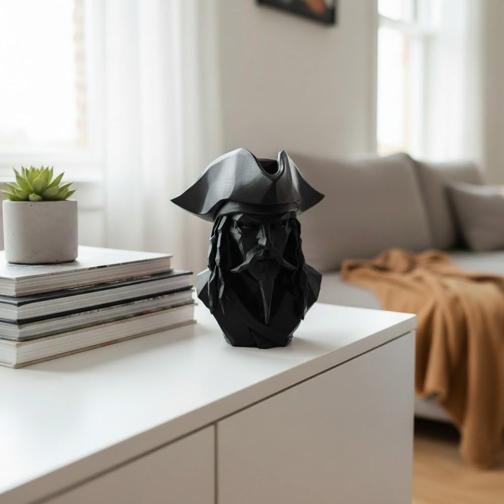 Low Poly Pirate Bust, Caribbean Pirate Sculpture, Geometric Pirate Decor, Nautical Gift, Shelf or Office Statue