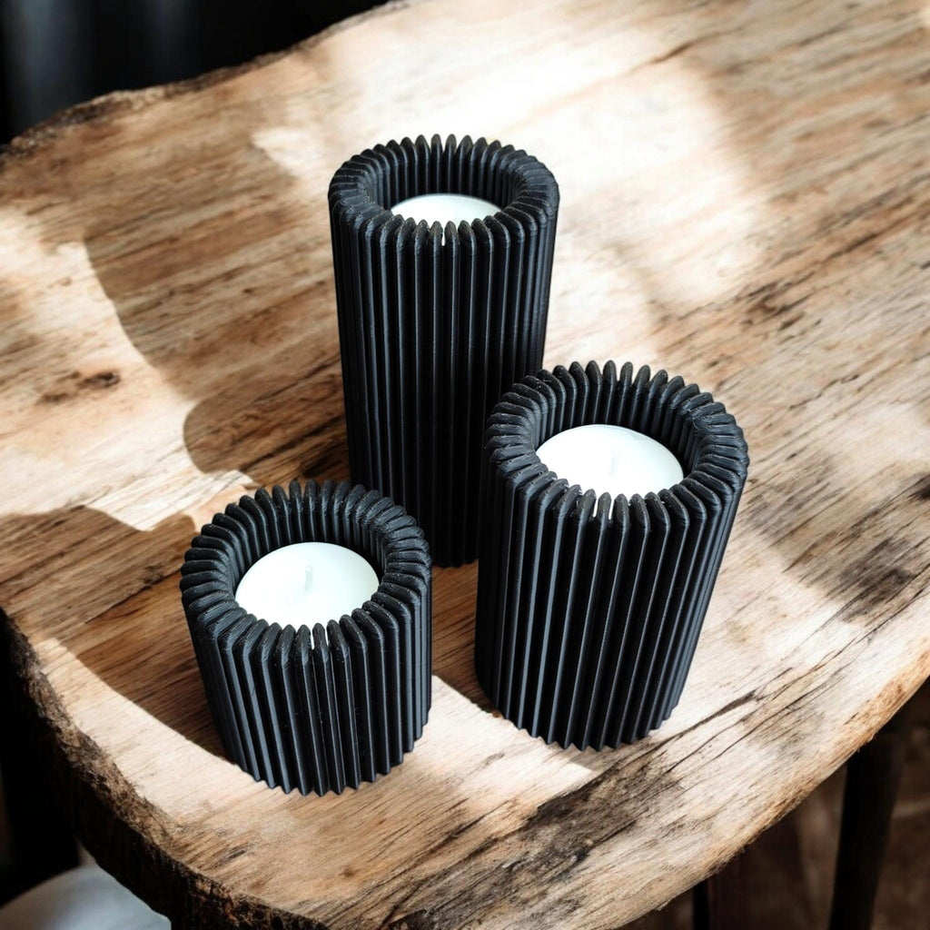 Ribbed LED Candle Holder, Modern Tea Light Holders in Three Sizes, Minimalist Winter Home Decor, Scandinavian Table Centrepiece
