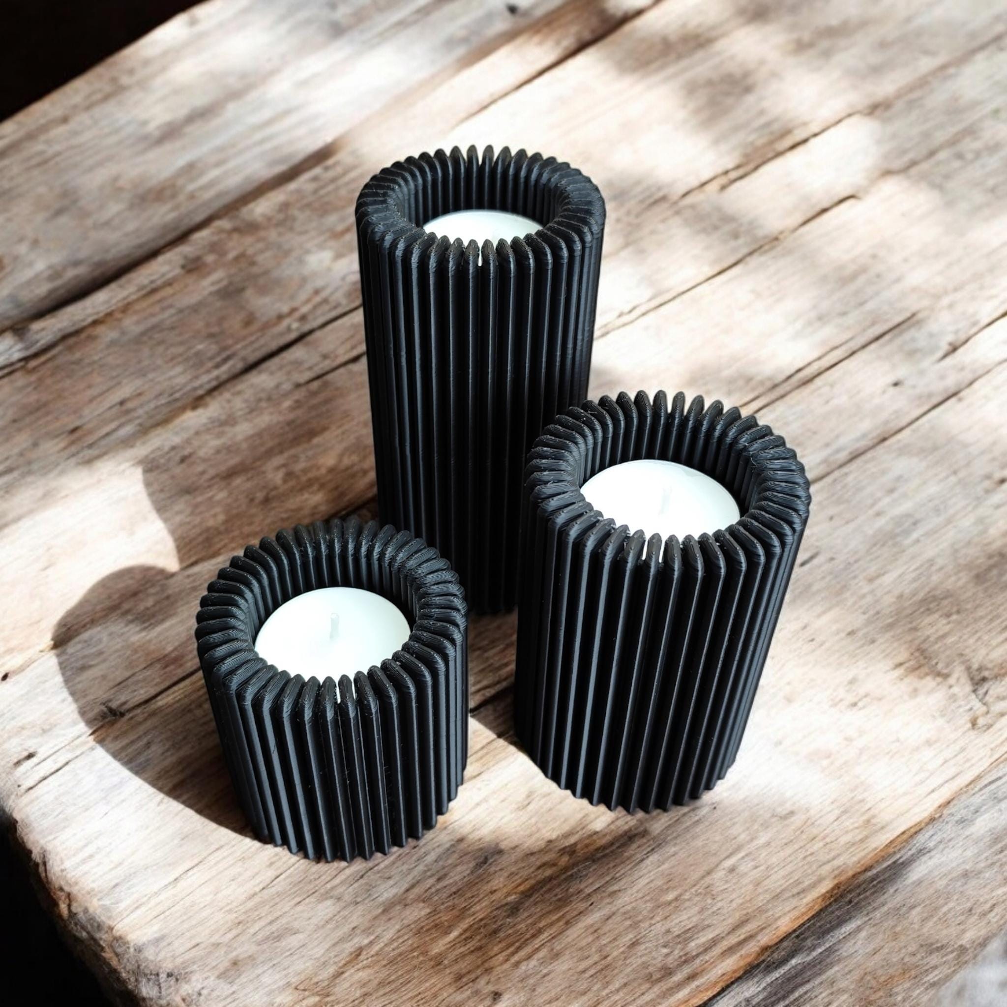 Ribbed LED Candle Holder, Modern Tea Light Holders in Three Sizes, Minimalist Winter Home Decor, Scandinavian Table Centrepiece